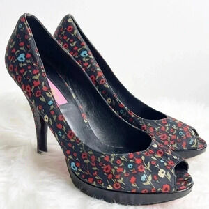 Betsey Johnson Satin Flower Pumps Size 7.5 Shoes Peep Toe Rosy II Black y2k